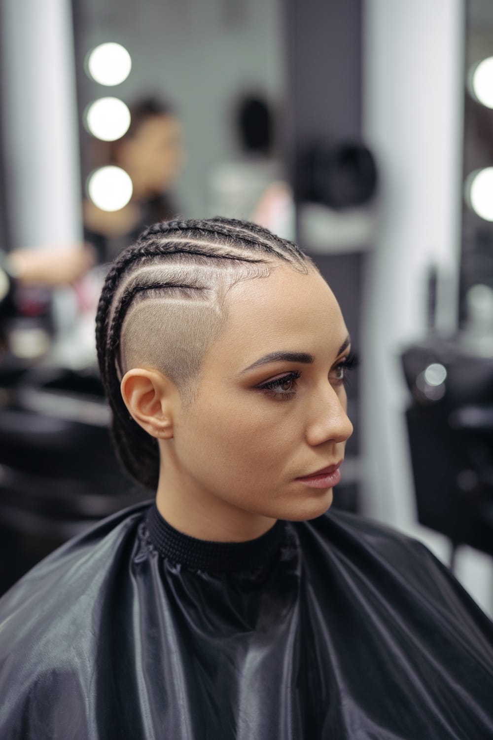 A woman with micro braids and an undercut hairstyle, looking stylish in a salon.