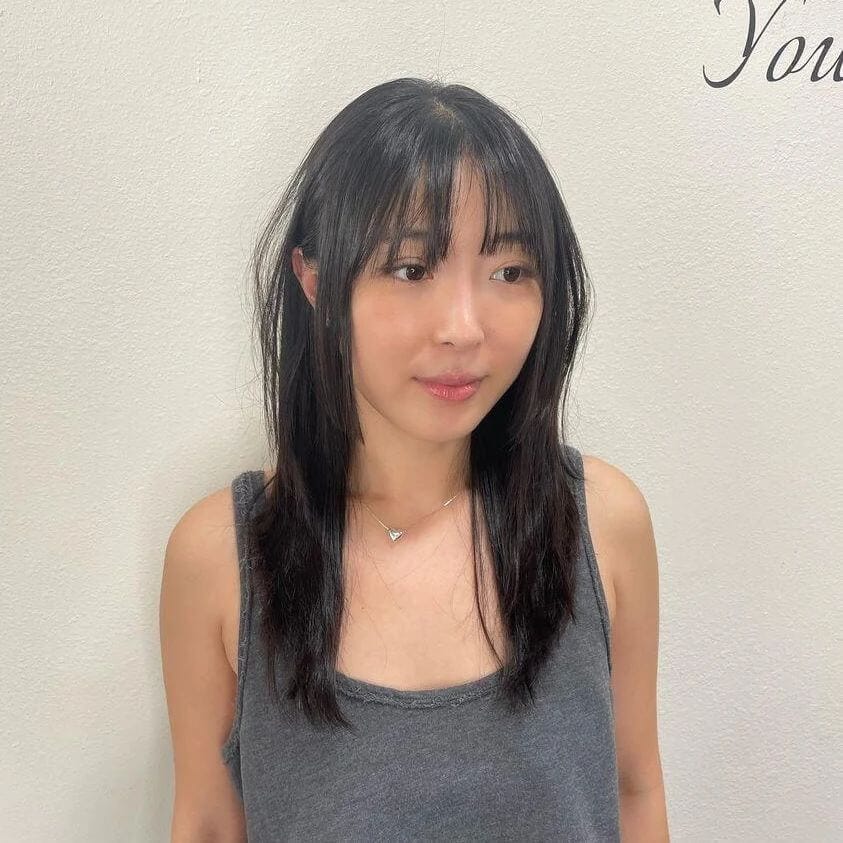 Mid-length black hair with see-through bangs