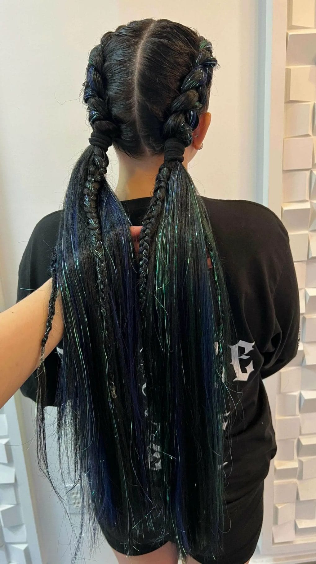 Blue and green tinsel infused French braids with loose waves