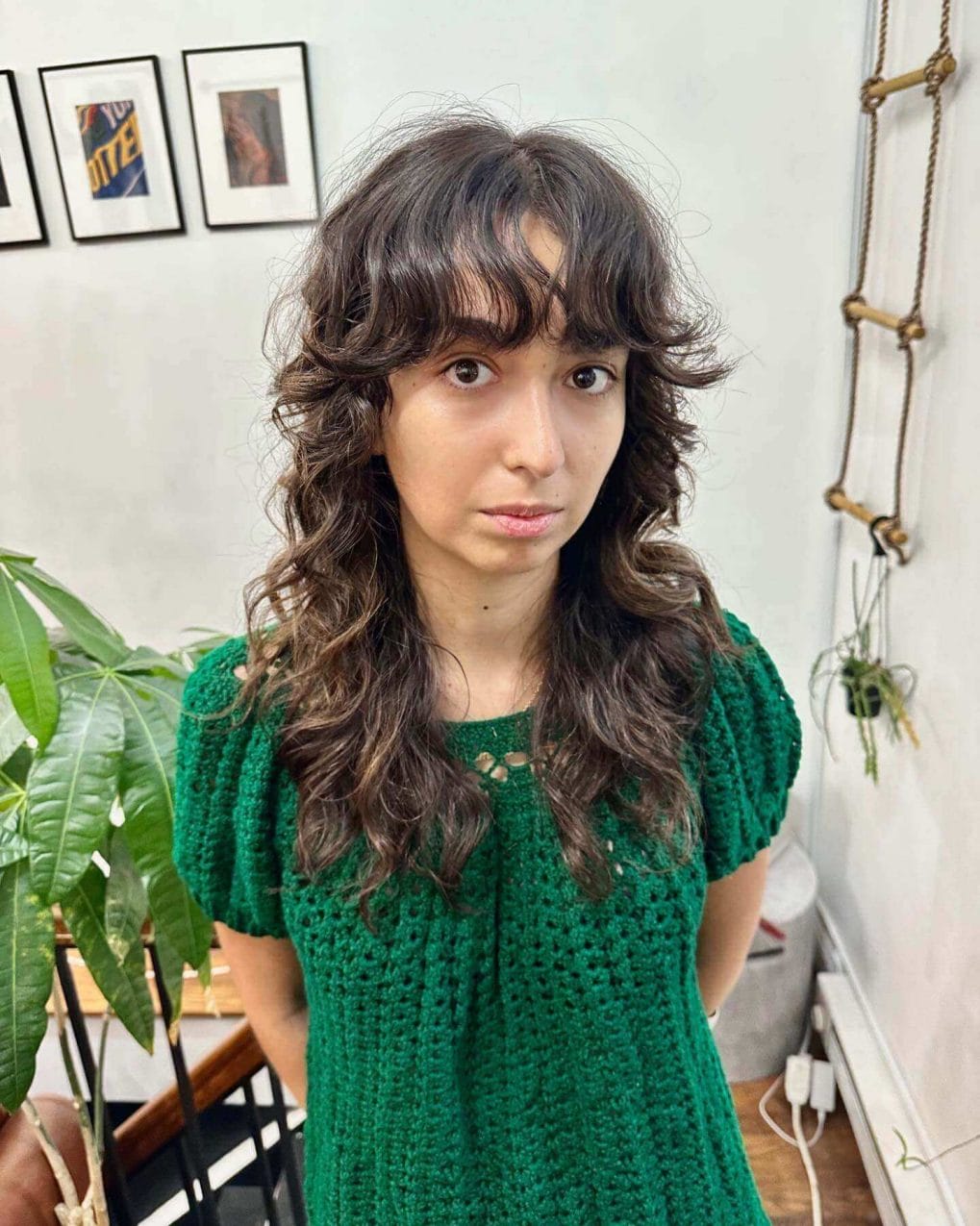Mocha brown curls with see-through bangs