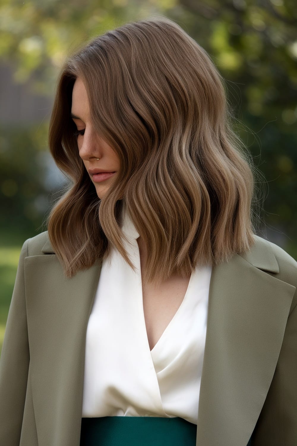 A woman with mocha brown hair styled in soft waves, wearing a stylish outfit