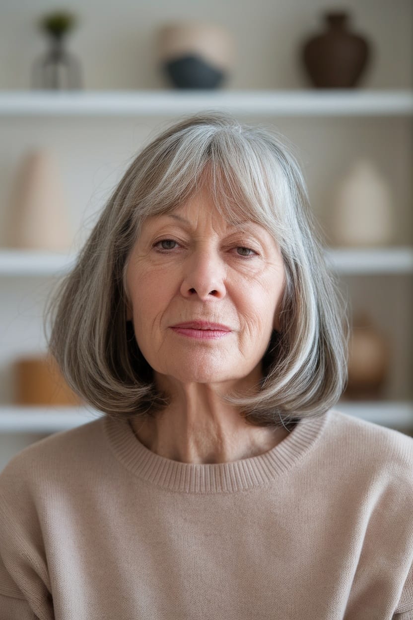 A woman with modern curtain bangs, wearing a beige sweater, in a cozy interior setting.