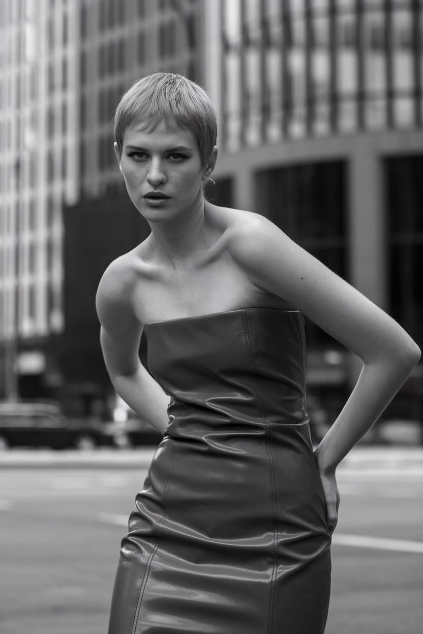 A woman with a modern pixie cut wearing a tube dress, standing confidently in an urban setting.