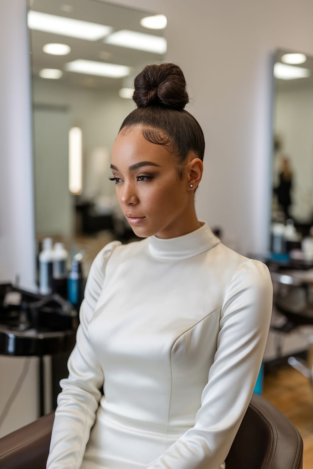 A woman with a modern top knot hairstyle wearing a white dress in a salon setting.