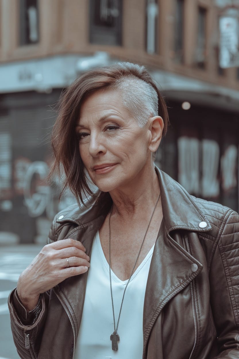 A woman over 60 with a stylish undercut hairstyle, wearing a leather jacket and looking confidently at the camera.