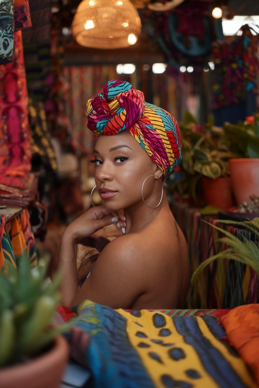 A woman with a colorful head wrap and hoop earrings, showcasing a stylish look against a vibrant background.