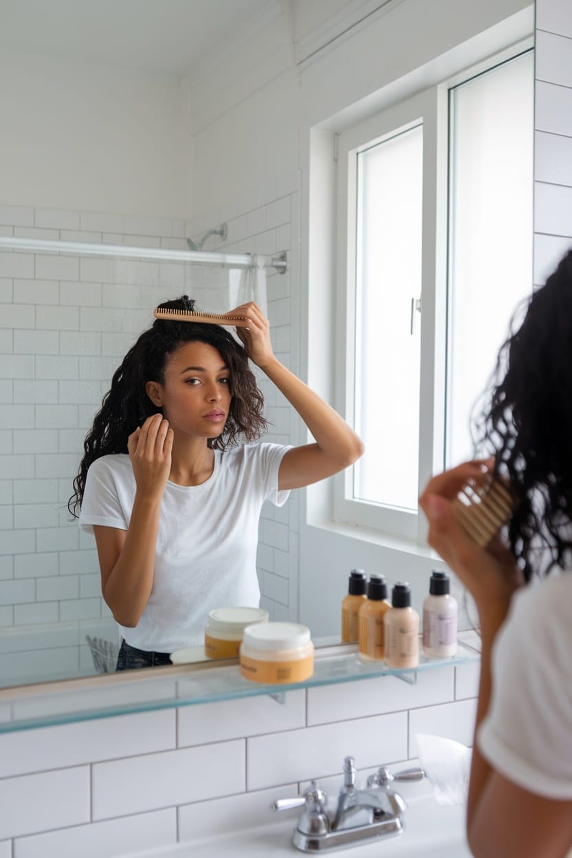 A woman with curly hair combing her hair in front of a mirror, surrounded by hair care products.