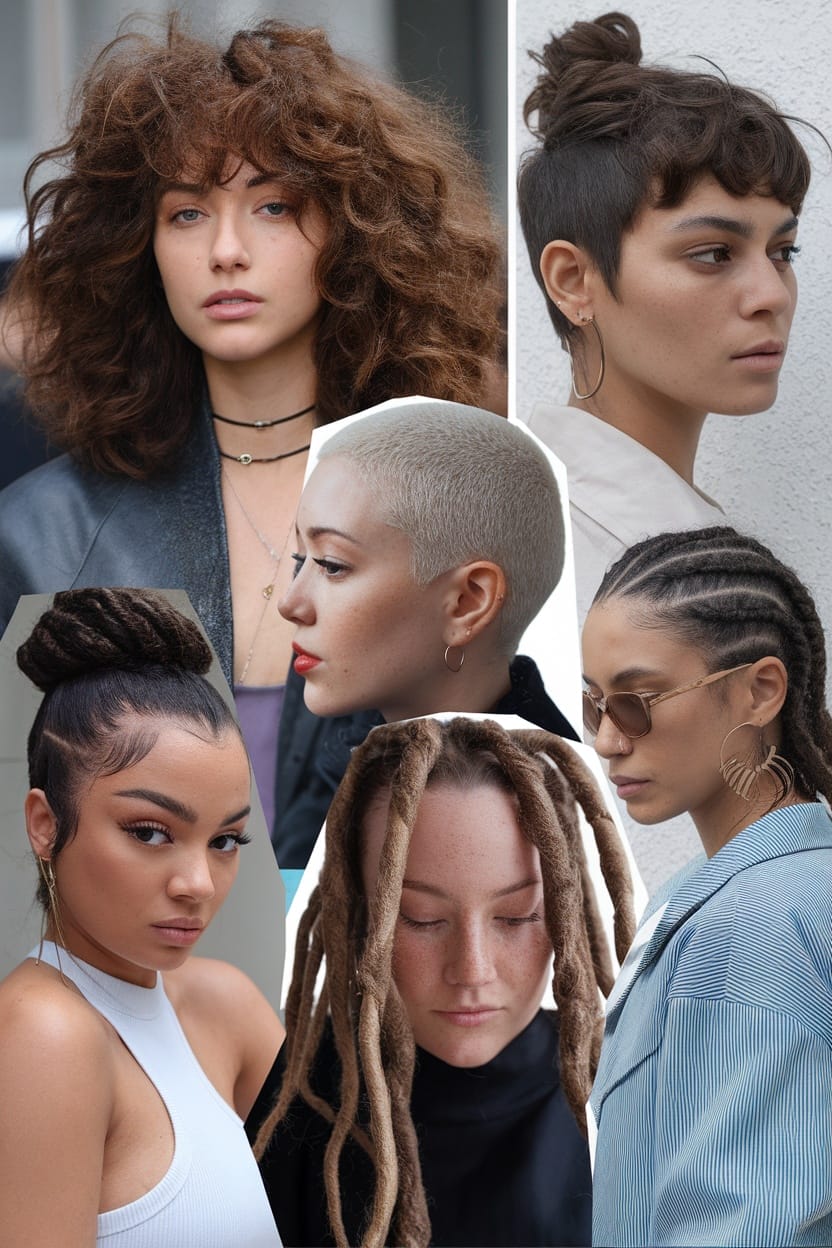 A collage of diverse natural hairstyles for black women, showcasing curls, buns, and dreadlocks.