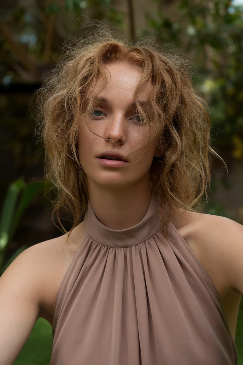 A woman with natural textured ringlets, wearing a halter neckline dress, showcasing a casual yet elegant hairstyle.