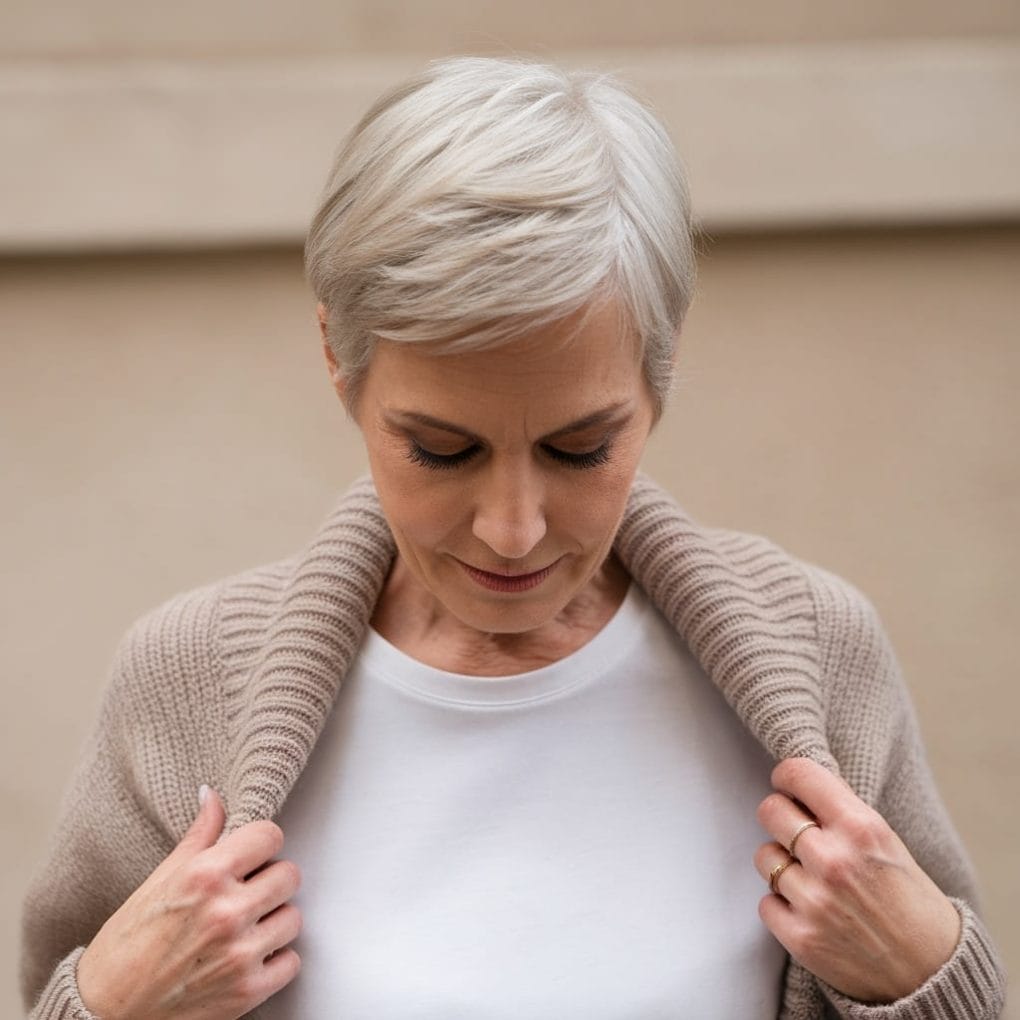 Older woman with a neat and polished pixie cut, wearing a cozy cardigan and looking down.