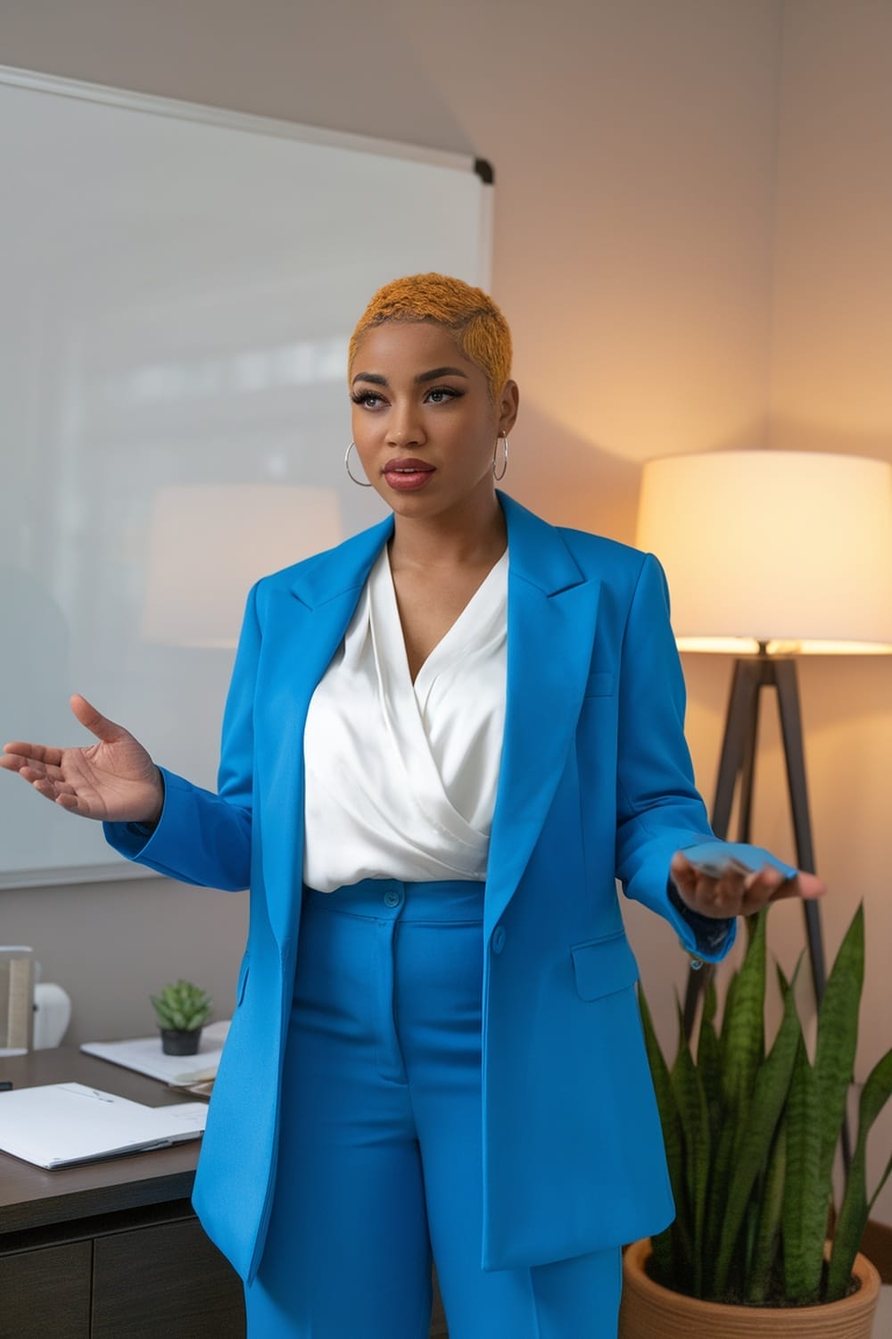 A woman with orange hair wearing a blue suit in a professional setting.