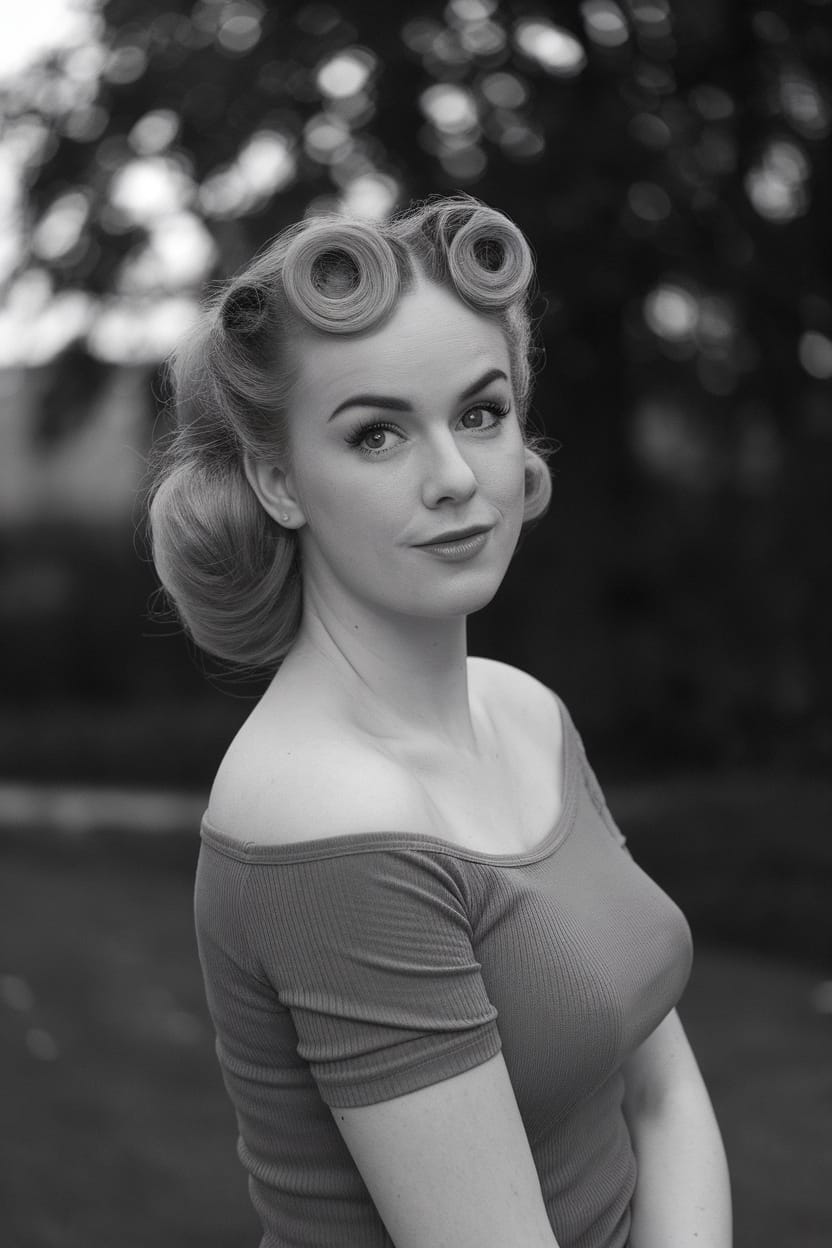 A woman with pin-up rolls hairstyle, wearing an off-shoulder top, posing outdoors.