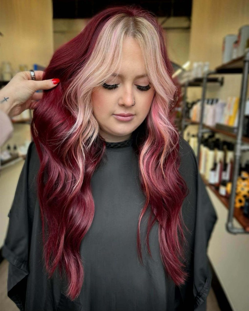 Long waves with pink to burgundy blend and light pink face pieces