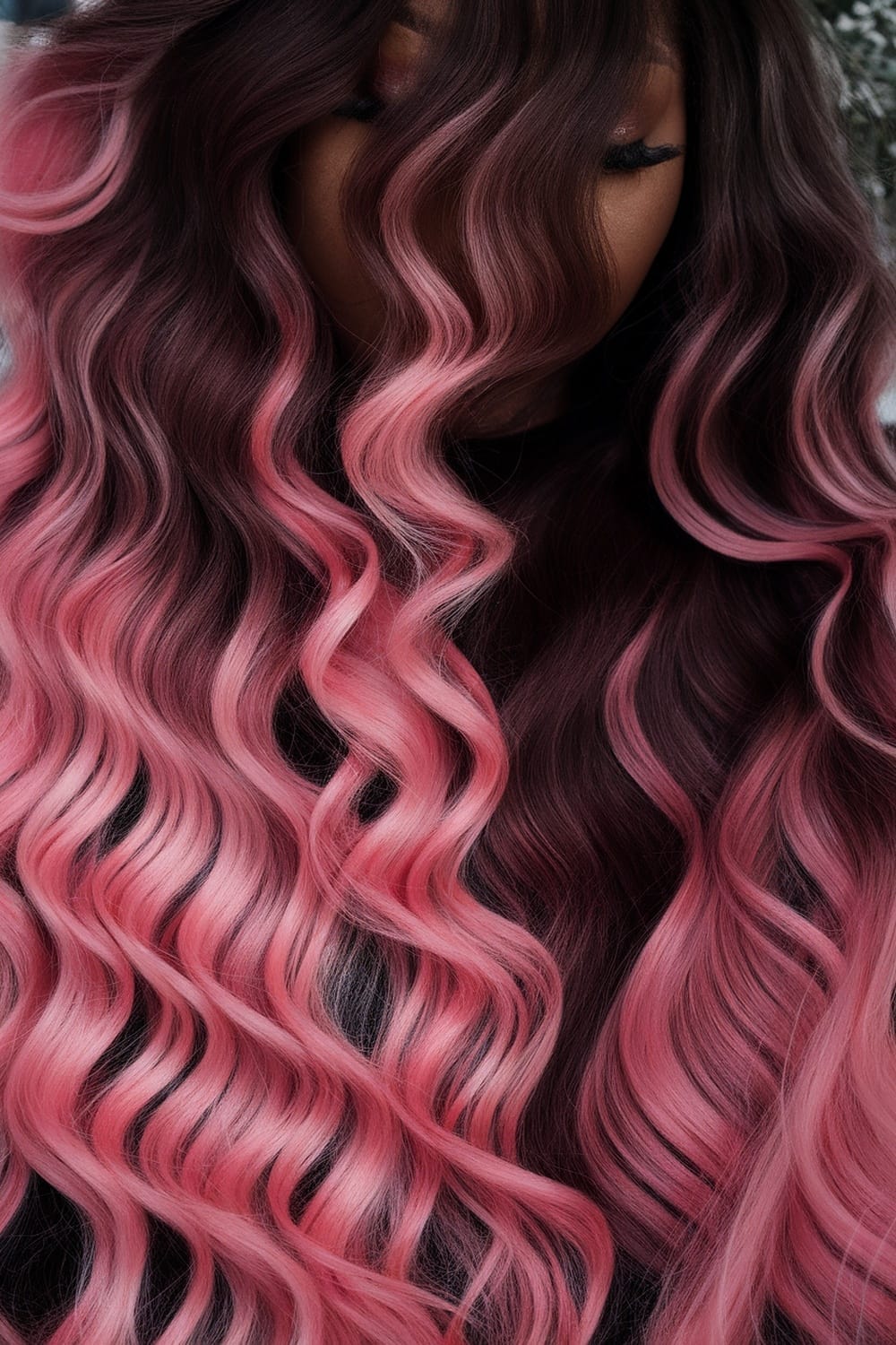A close-up of a woman's long, wavy hair featuring a pink ombre effect from dark roots to light pink ends.