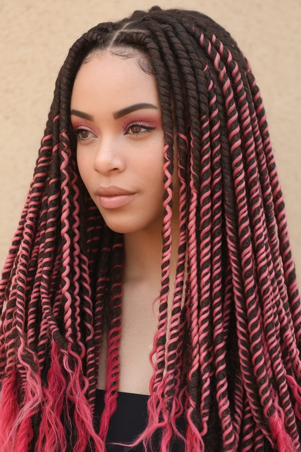 A woman with pink twist out hairstyle featuring black and pink spiraled twists.