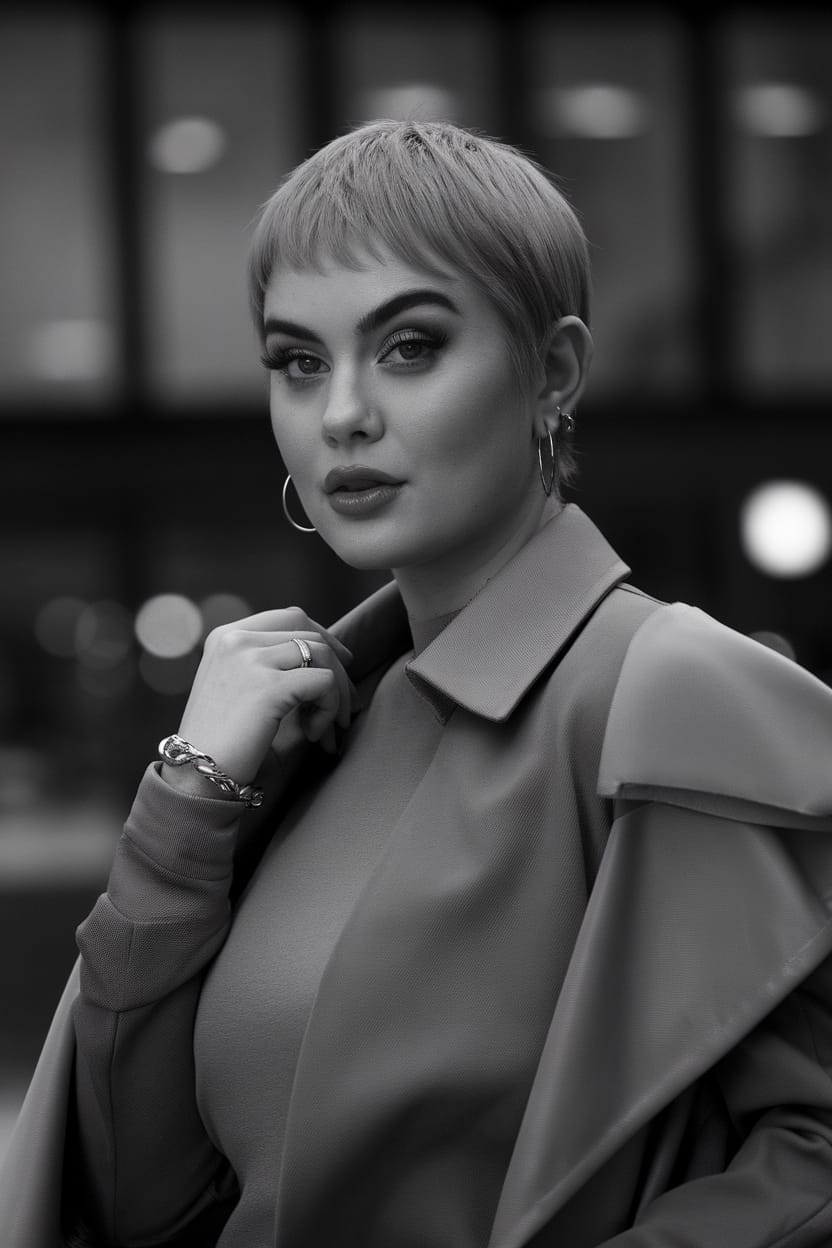 A woman with a stylish pixie cut, wearing a modern outfit, confidently posing.