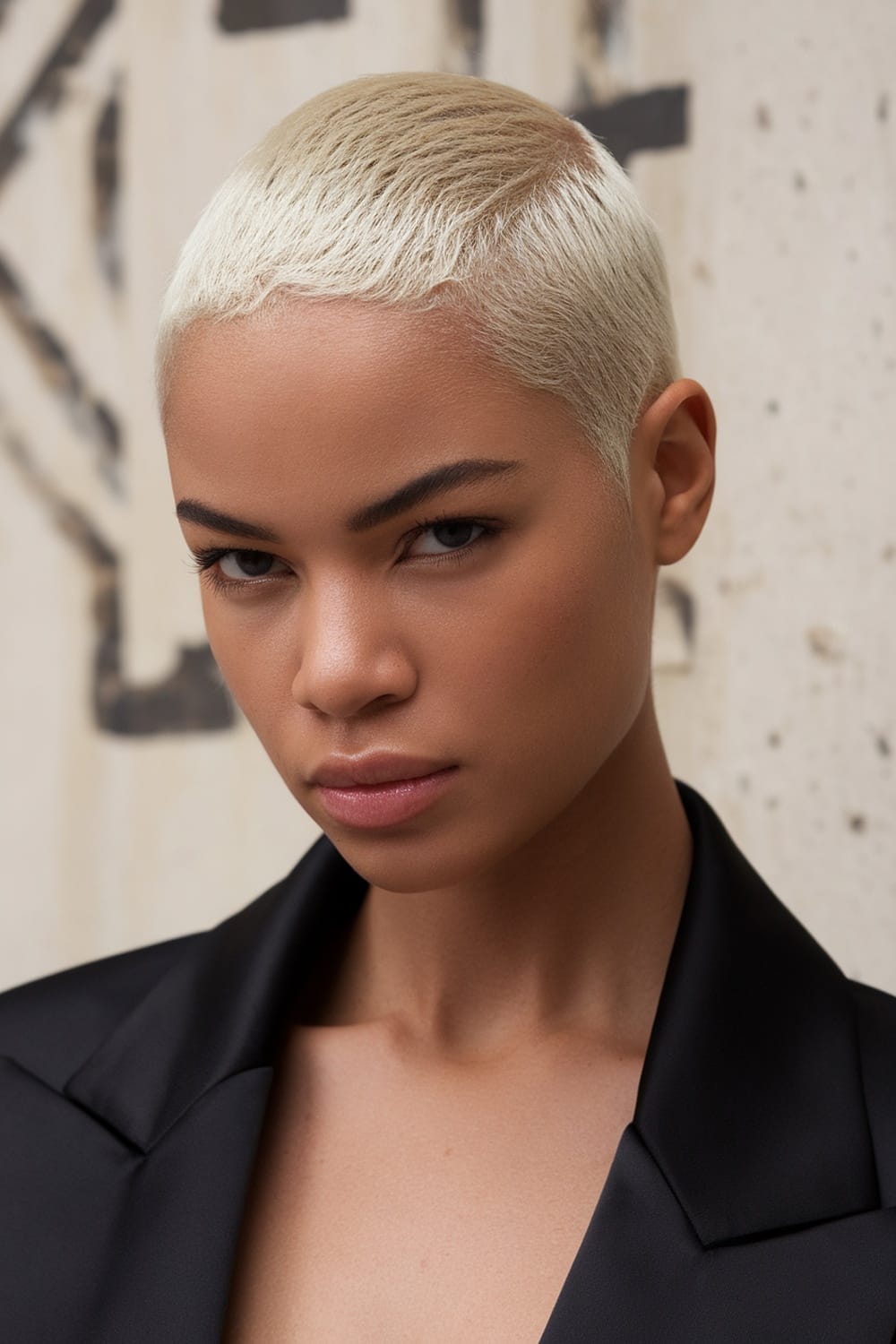 A woman with a platinum blonde tapered haircut, wearing a black blazer, with a confident expression.