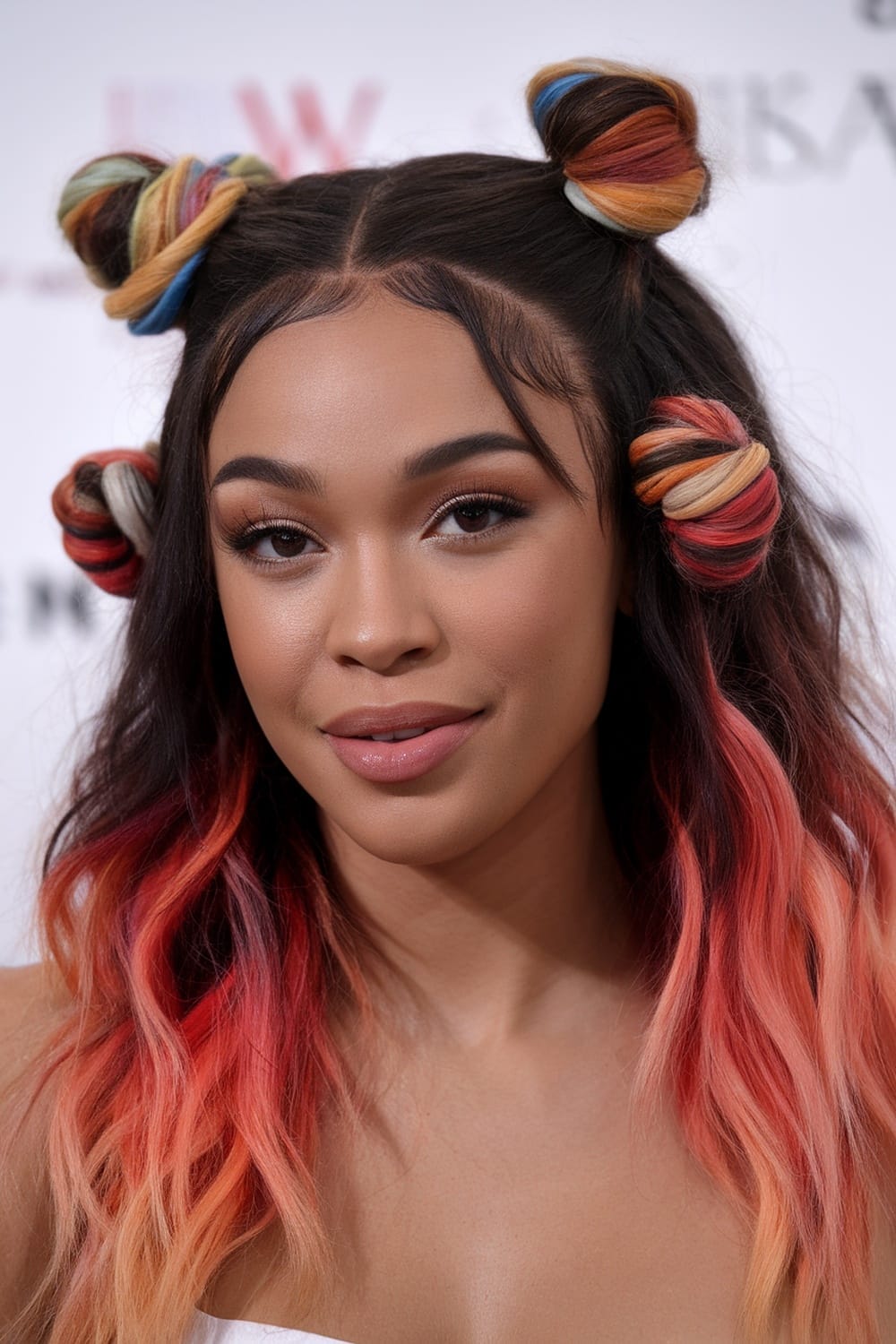 A young woman with half up space buns and colorful hair, showcasing a playful hairstyle.
