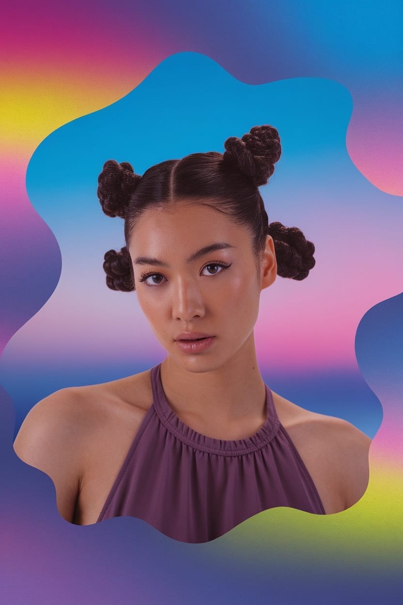 A model with space buns hairstyle, wearing a halter neckline top against a colorful background.