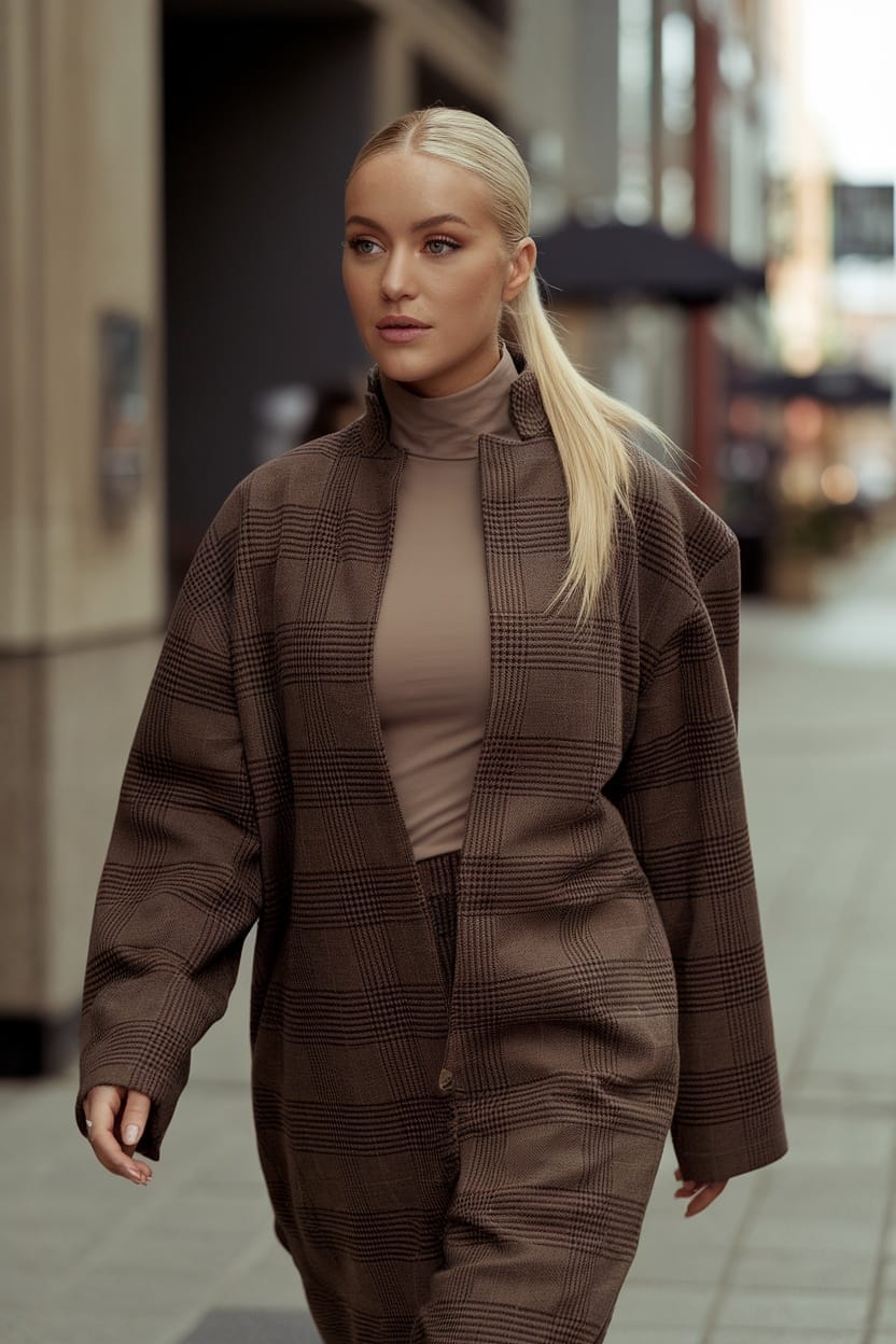 Woman with a polished low ponytail wearing a turtle neck outfit