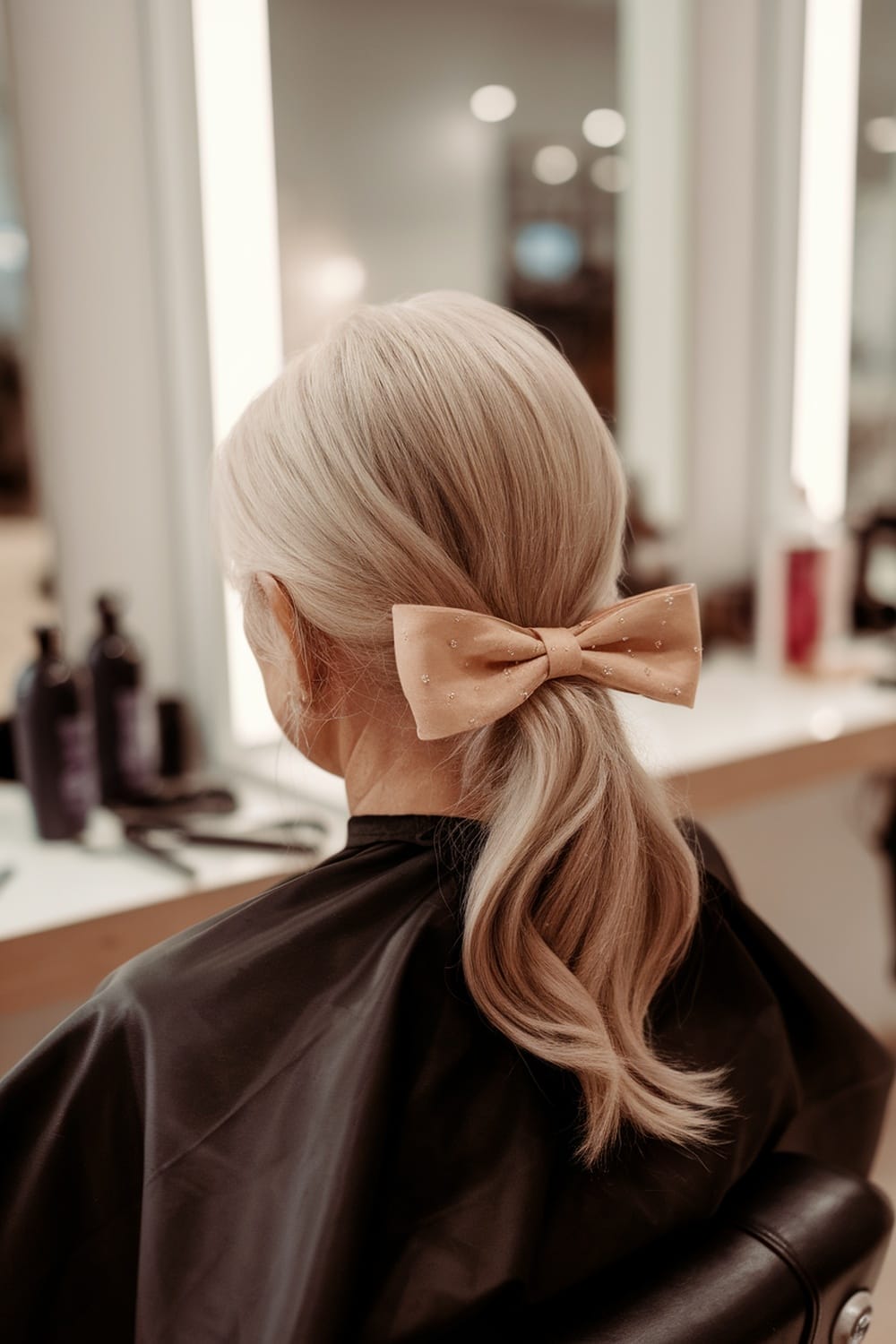 A polished low ponytail hairstyle featuring a bow, suitable for the mother of the bride.