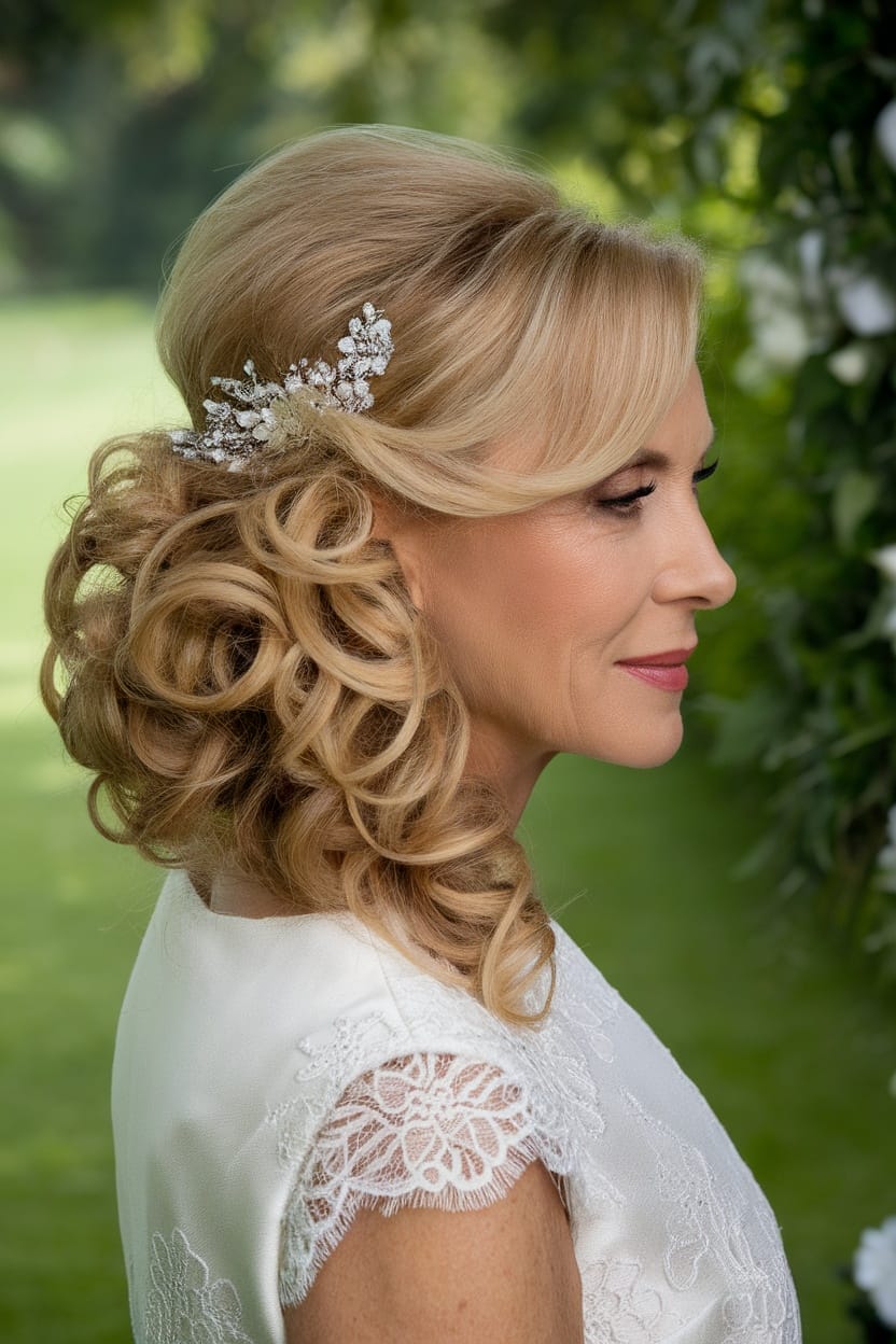 A woman with polished side-swept curls, elegantly styled for a wedding.
