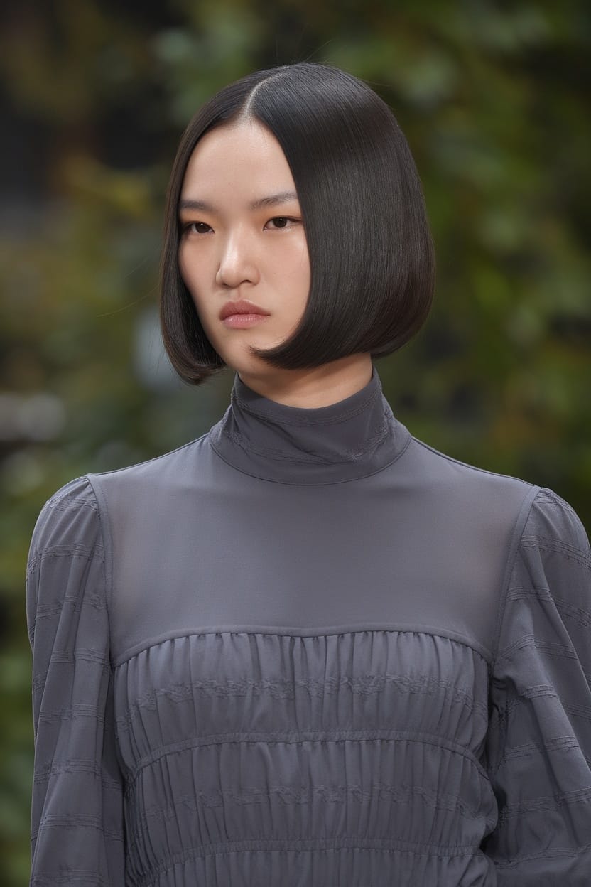 Model with a polished sleek bob hairstyle wearing a high neck dress