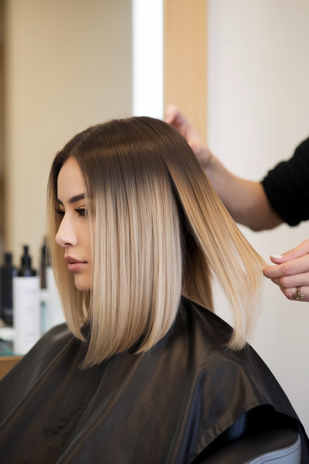 A stylist preparing straight hair for balayage treatment.