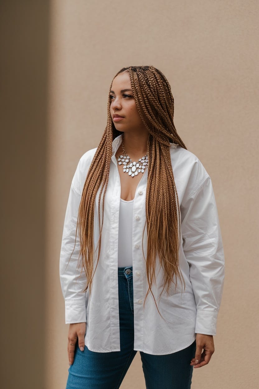 A woman with long box braids, wearing a white shirt and necklace, posing confidently.