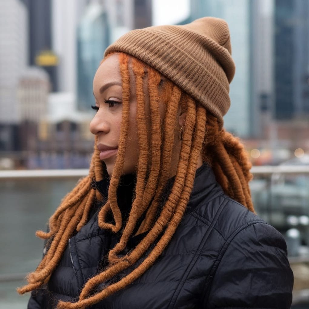 A woman with ginger hair in twisted styles wearing a brown beanie, set against an urban background.