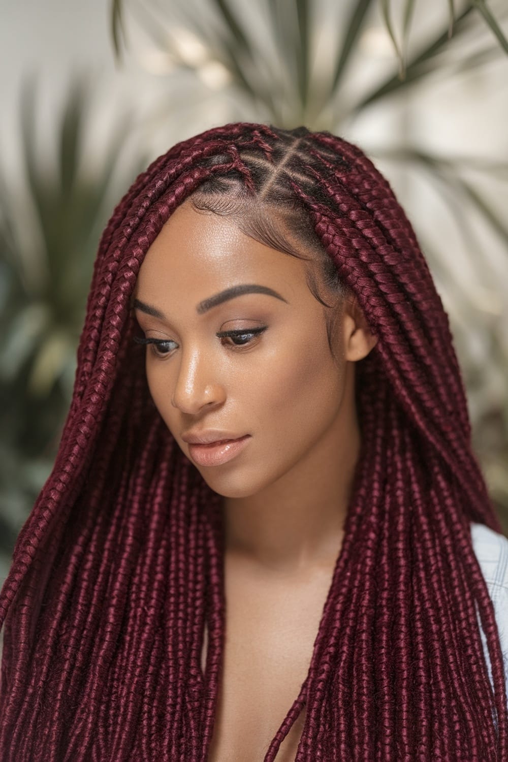 A close-up of a woman with long burgundy braids, showcasing a protective hairstyle.