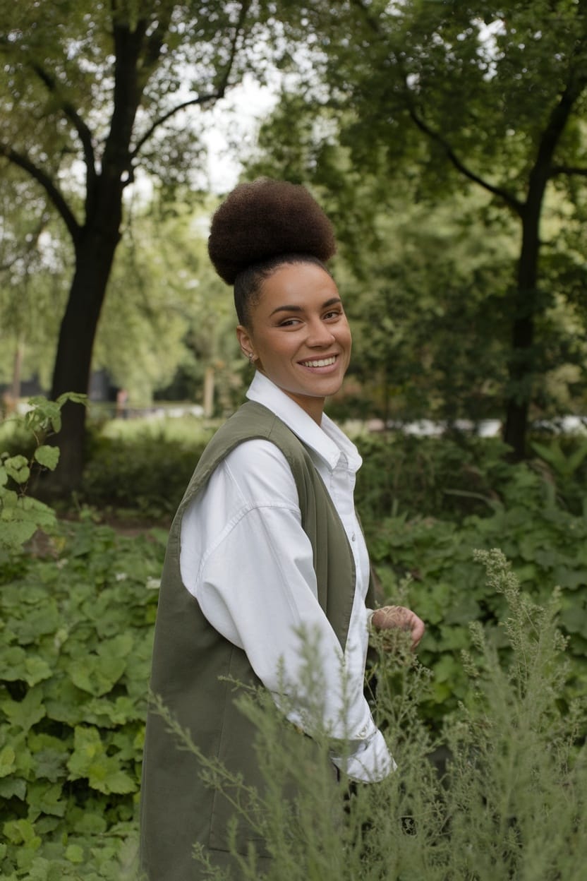 A woman smiling while wearing a high puff hairstyle in a green outdoor setting.