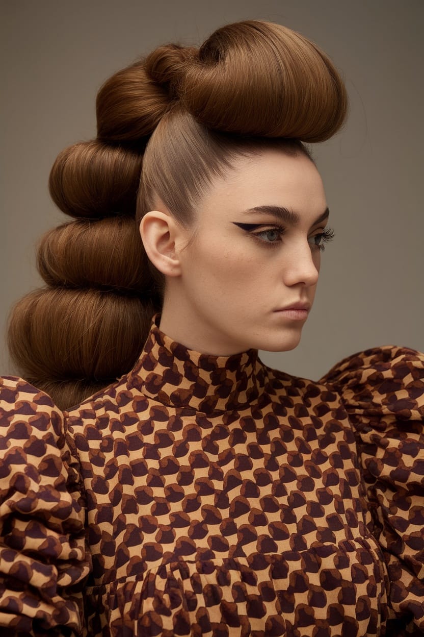 A model with a puffed high ponytail, showcasing a hairstyle for a high neck dress.