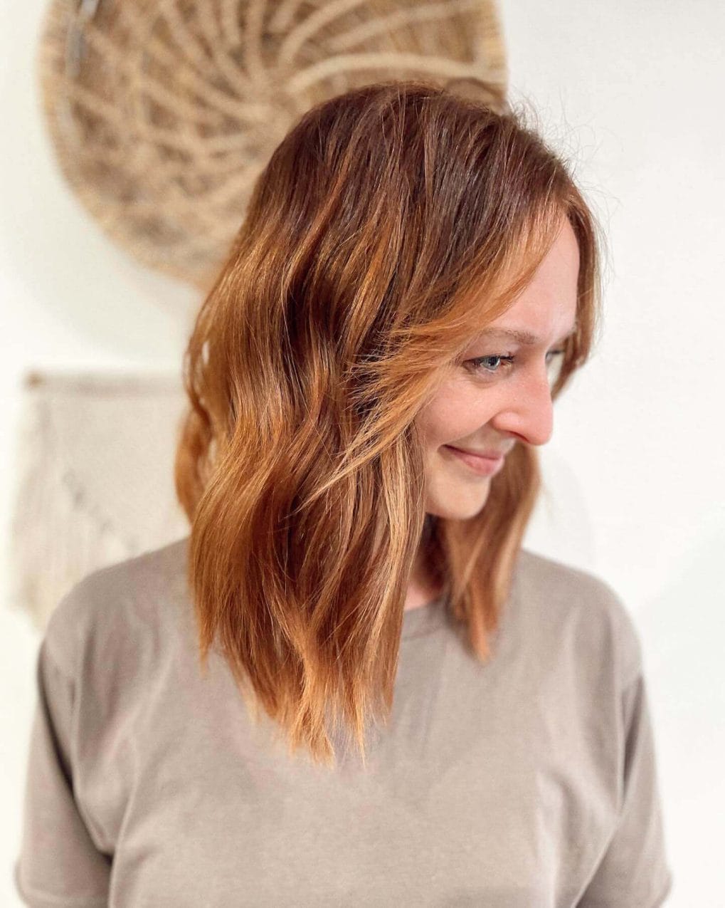Radiant copper bob with soft textured waves