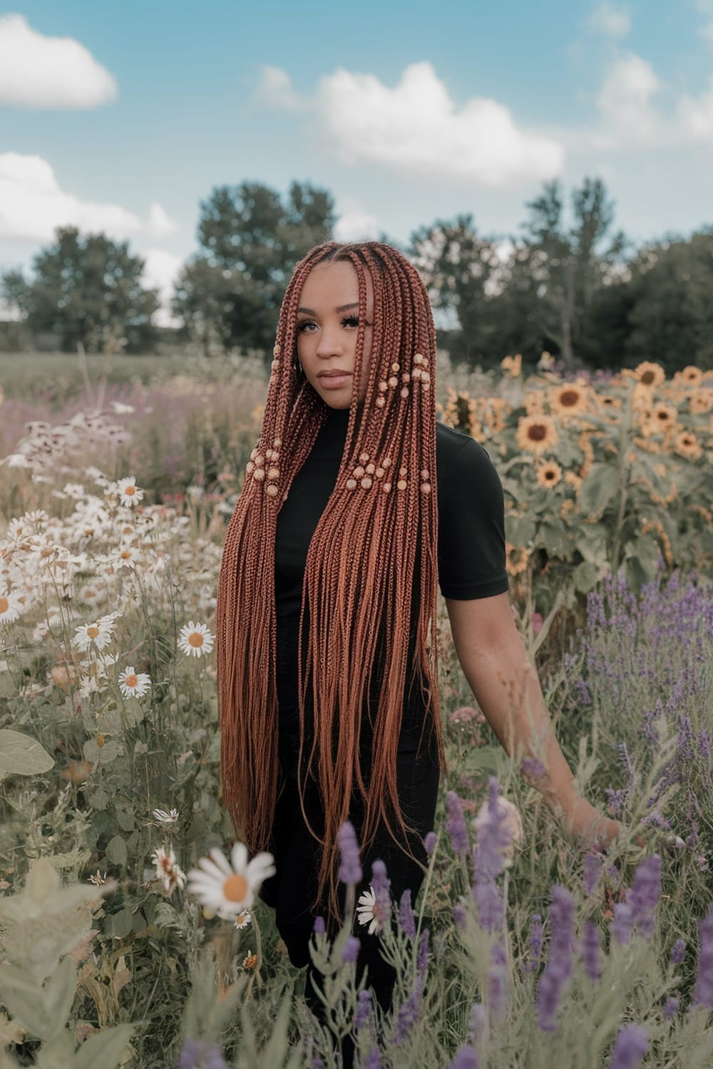A woman with long reddish brown braids standing in a flower field.
