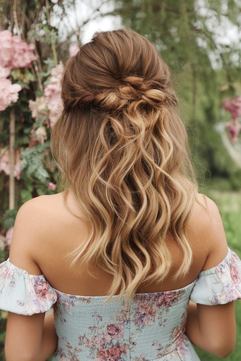 A woman with a romantic half-up half-down hairstyle, showcasing soft waves and a delicate twist, paired with a floral tube dress.