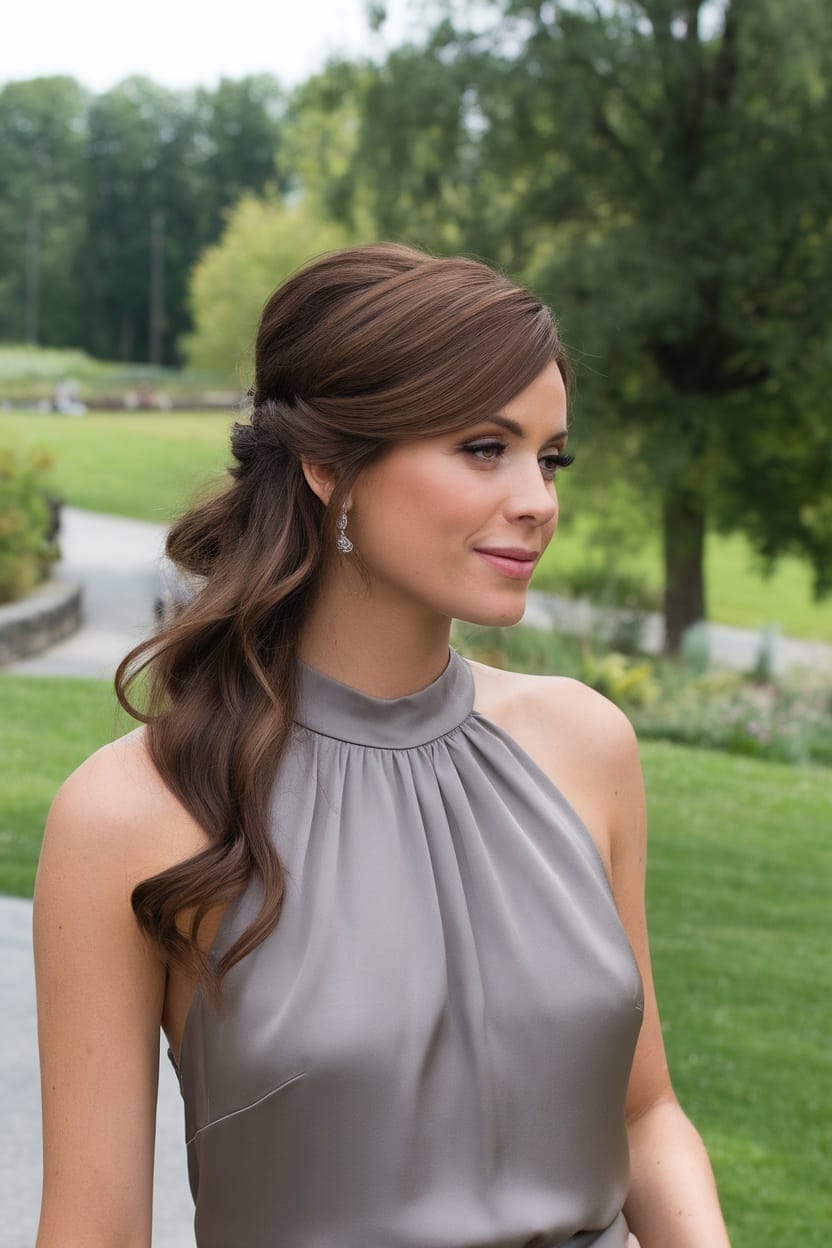 A woman with a half-up half-down hairstyle, styled elegantly to complement a halter neckline dress.