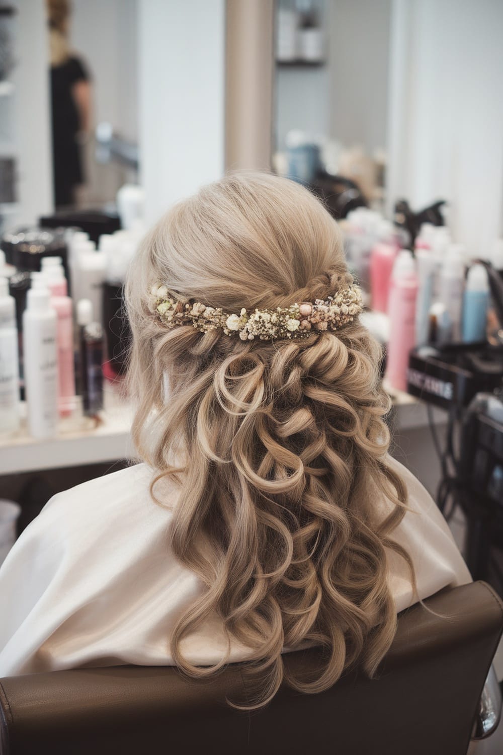 A romantic half-up half-down hairstyle with soft curls and a floral accessory