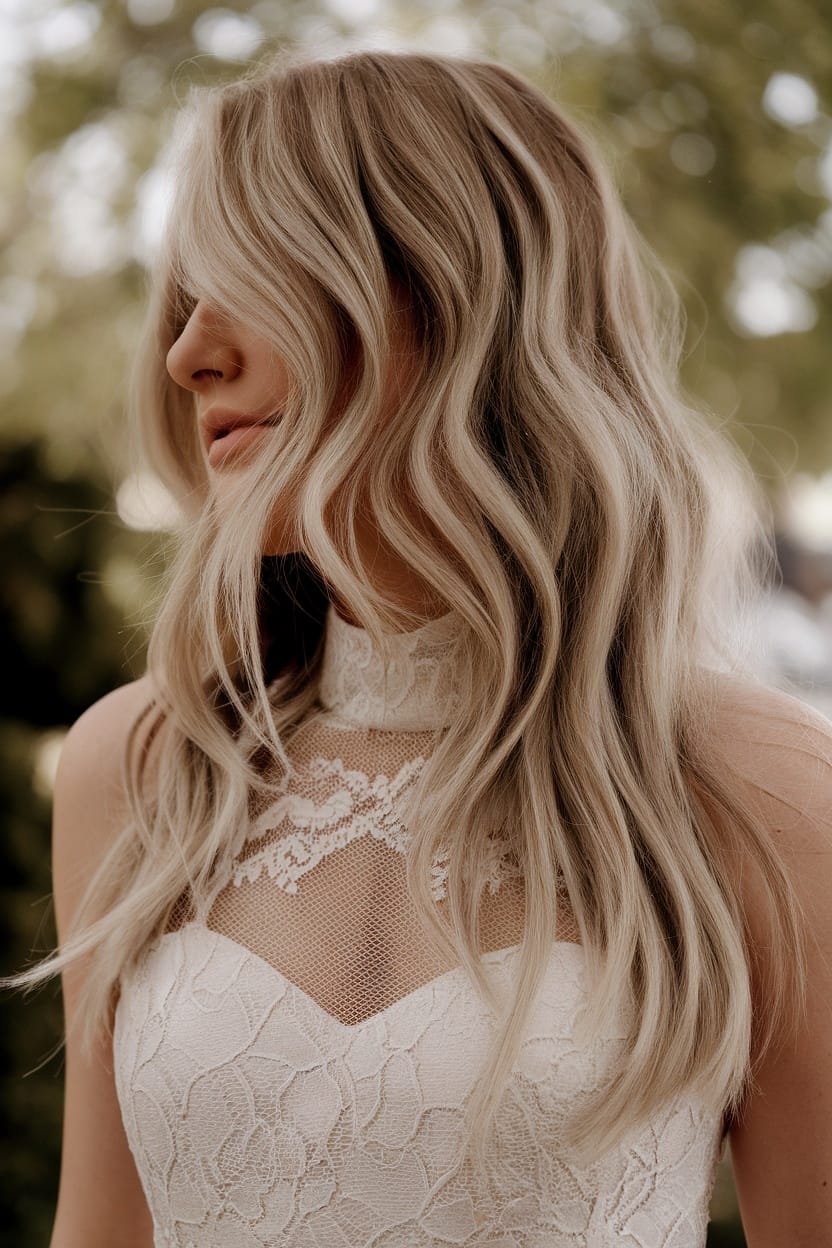 A woman with loose romantic waves hairstyle, wearing a high neck dress with lace details.