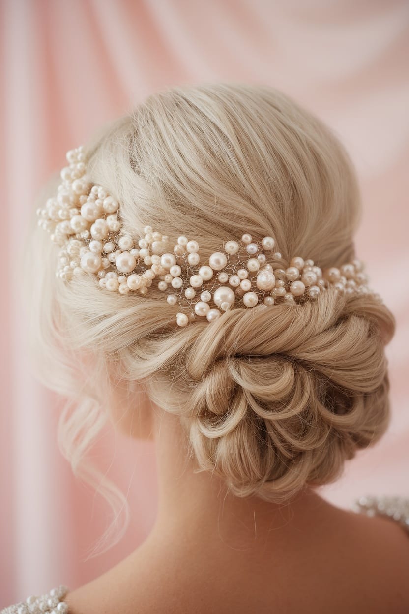 Romantic low twist hairstyle adorned with pearls, suitable for mother of the bride.