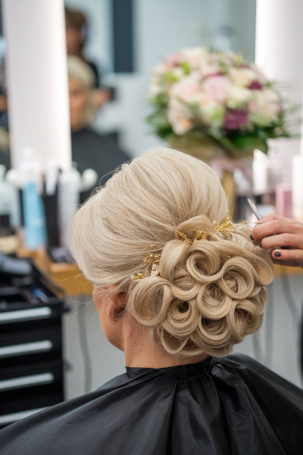 A sculpted updo hairstyle with gold accents, featuring intricate curls, styled for the mother of the bride.