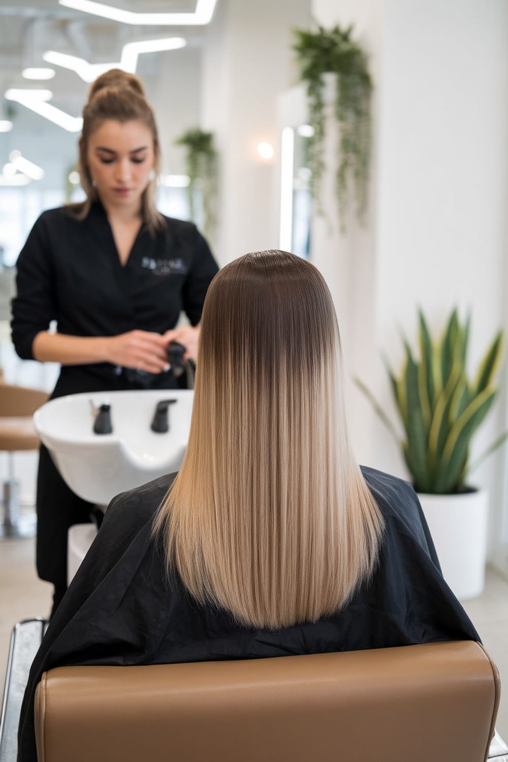 A stylist applying balayage to straight hair in a modern salon.