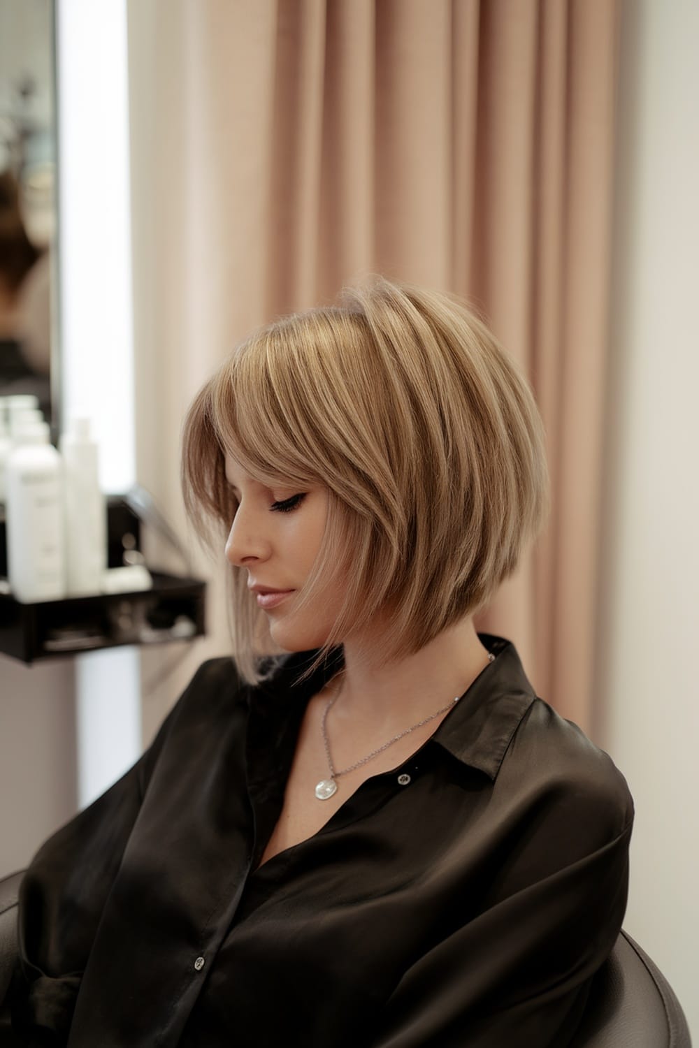 A woman with a layered bob haircut, styled elegantly with soft layers, sitting in a salon.