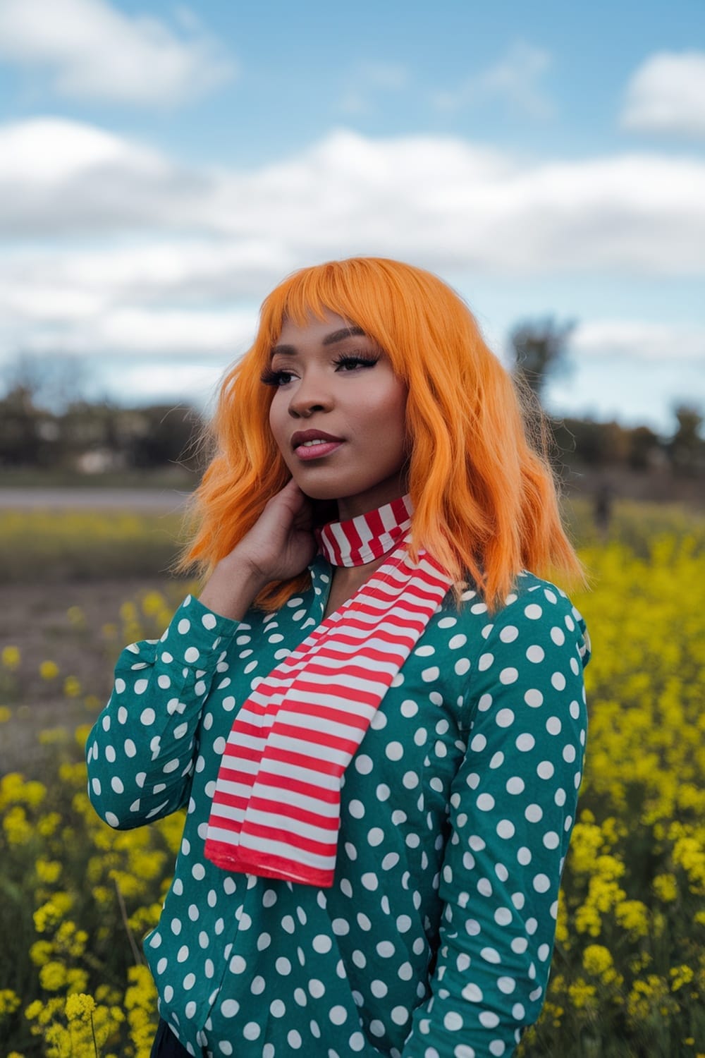A woman with orange hair in a polka dot blouse posing in a field of flowers under a blue sky.