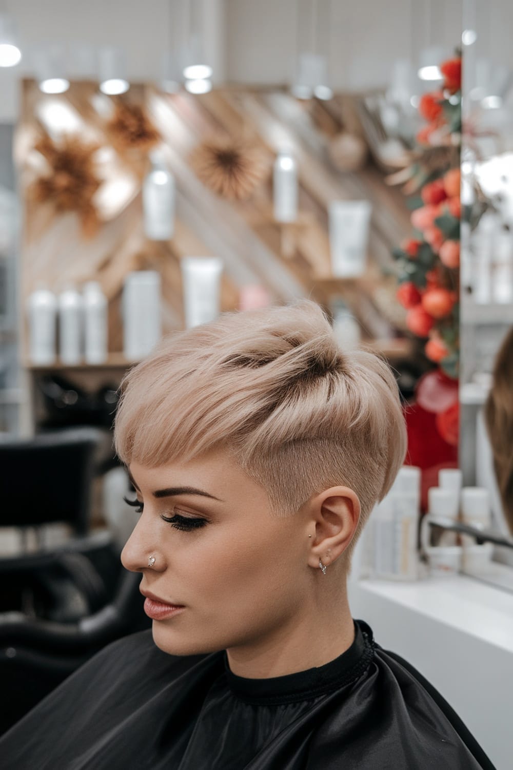 A stylish individual with an undercut pixie hairstyle in a salon setting.