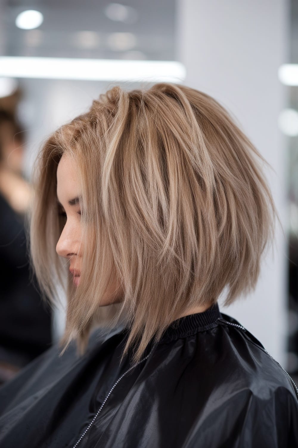 A woman with a shaggy bob haircut, featuring layered blonde hair styled in a tousled manner.
