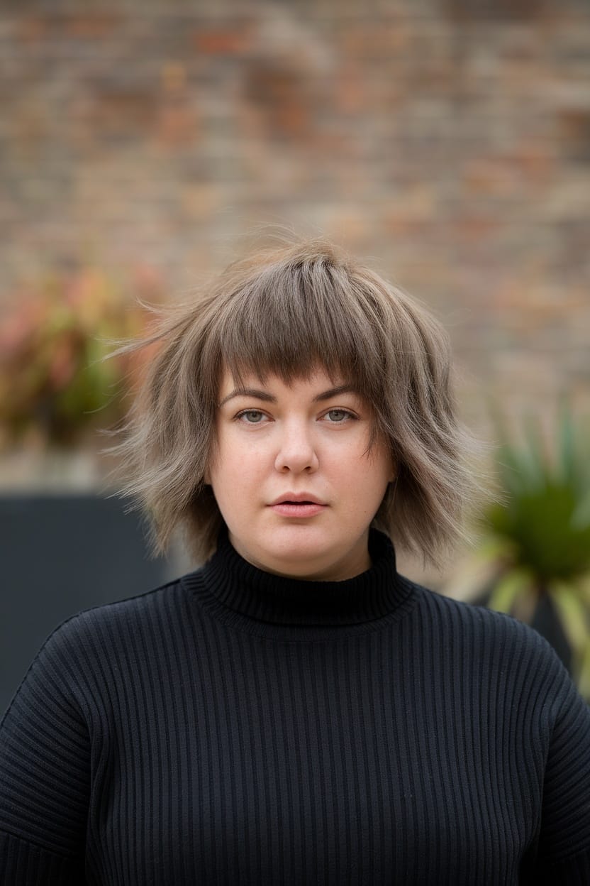 A woman with a shaggy haircut, wearing a black turtleneck, standing against a blurred background.