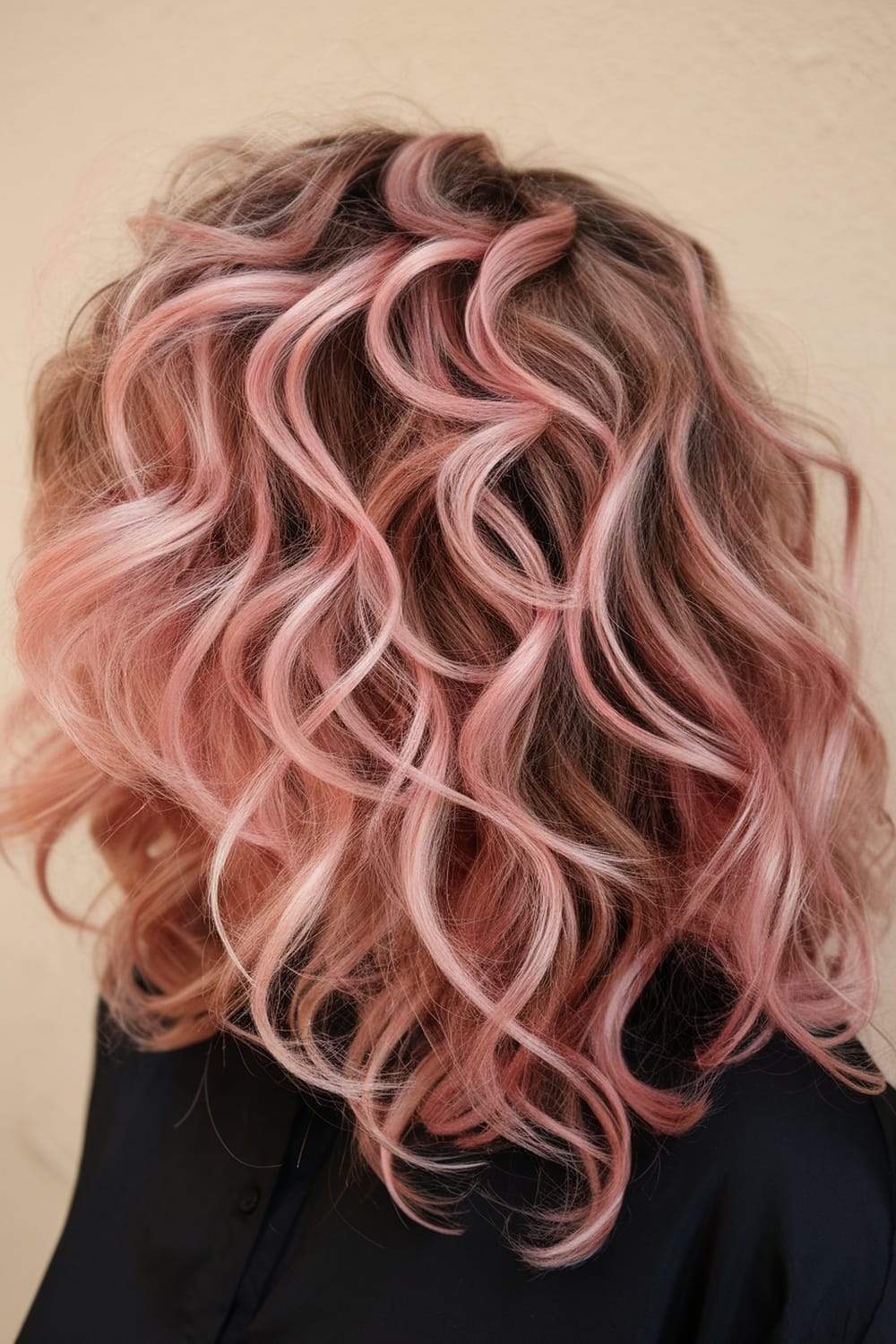 A woman with wavy hair featuring shimmery pink highlights.