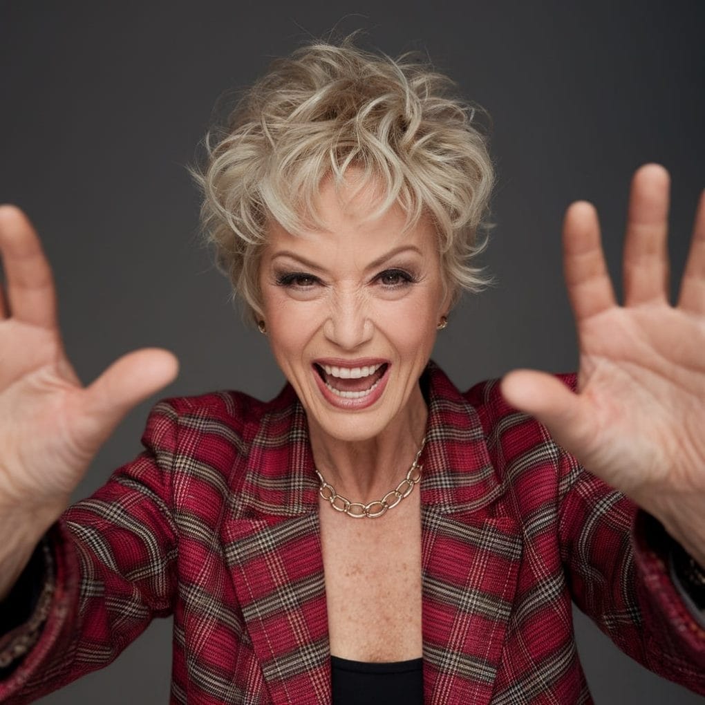 A joyful woman with short curly hair, showcasing a lively hairstyle.