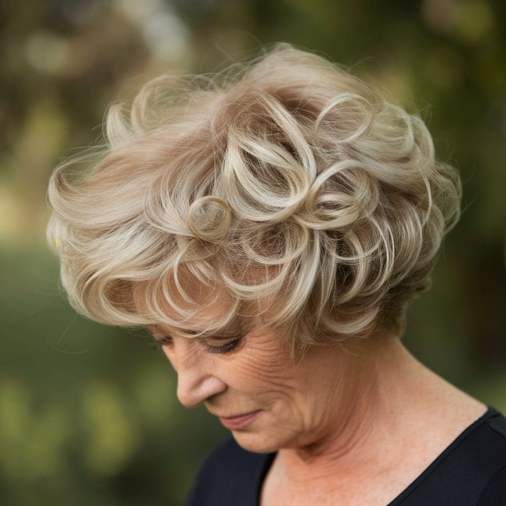 An older woman with short hair styled in defined curls, showcasing a light blonde color.